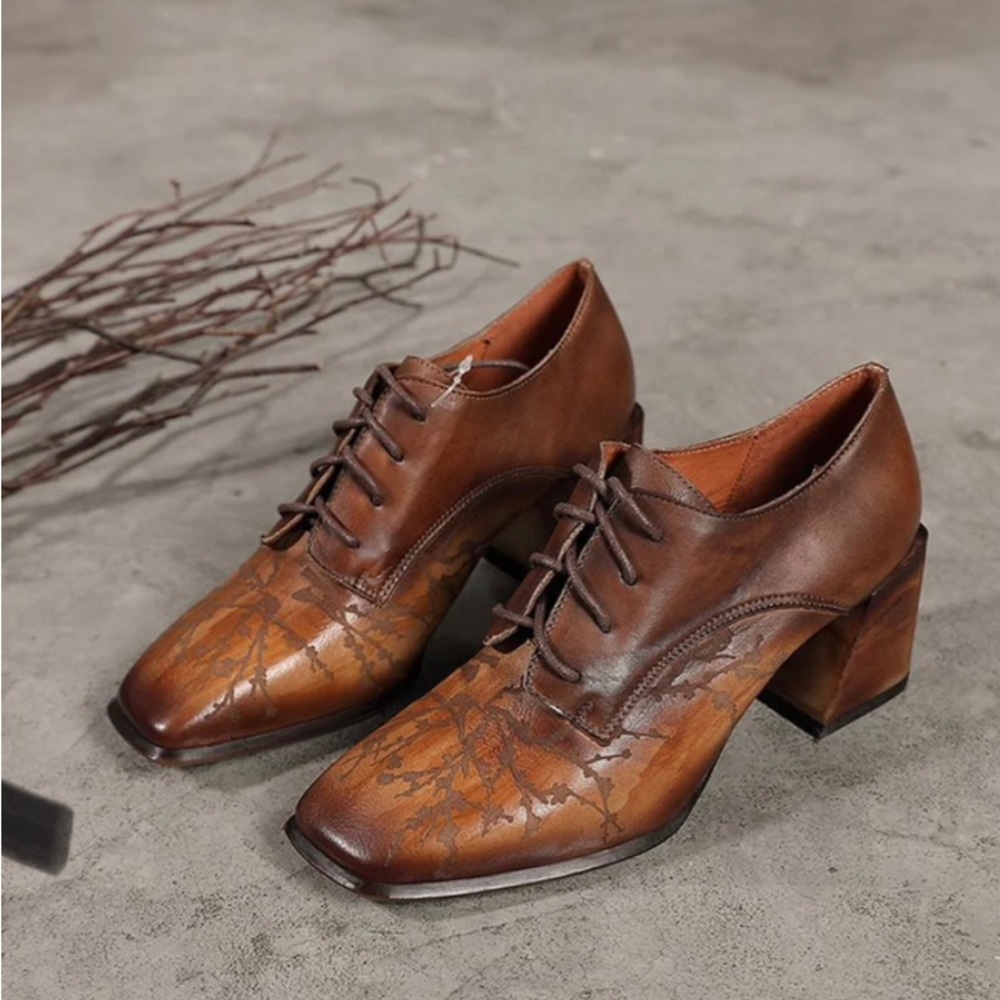Dwarves Handmade Leather Pumps Women Square Toe Lace-Up Ankle Boots